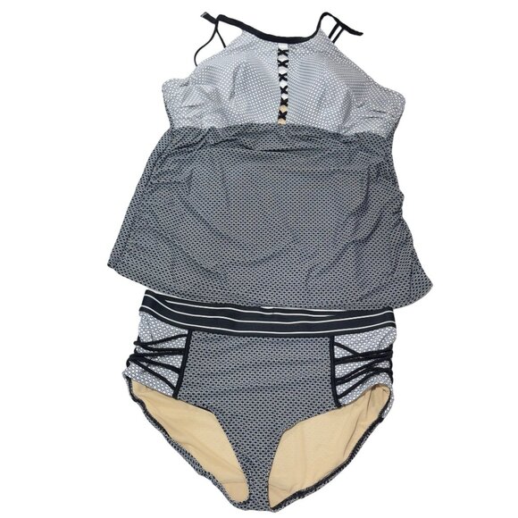 SWIM by CACIQUE Women's Swimsuit 2 Piece B&W High Waist & Neck Plus Size 28 - Picture 9 of 13